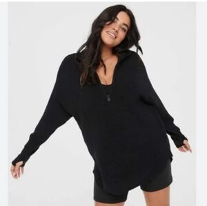 OFFLINE by Aerie Home Stretch Ribbed Quarter Zip Pullover Black Size Small